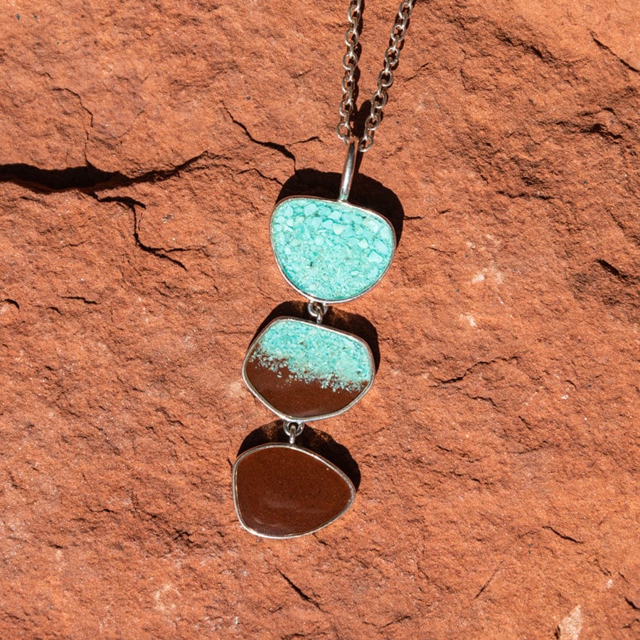 Turquoise and Bell Rock Charged Triple Drop Sterling Silver Pendant Necklace