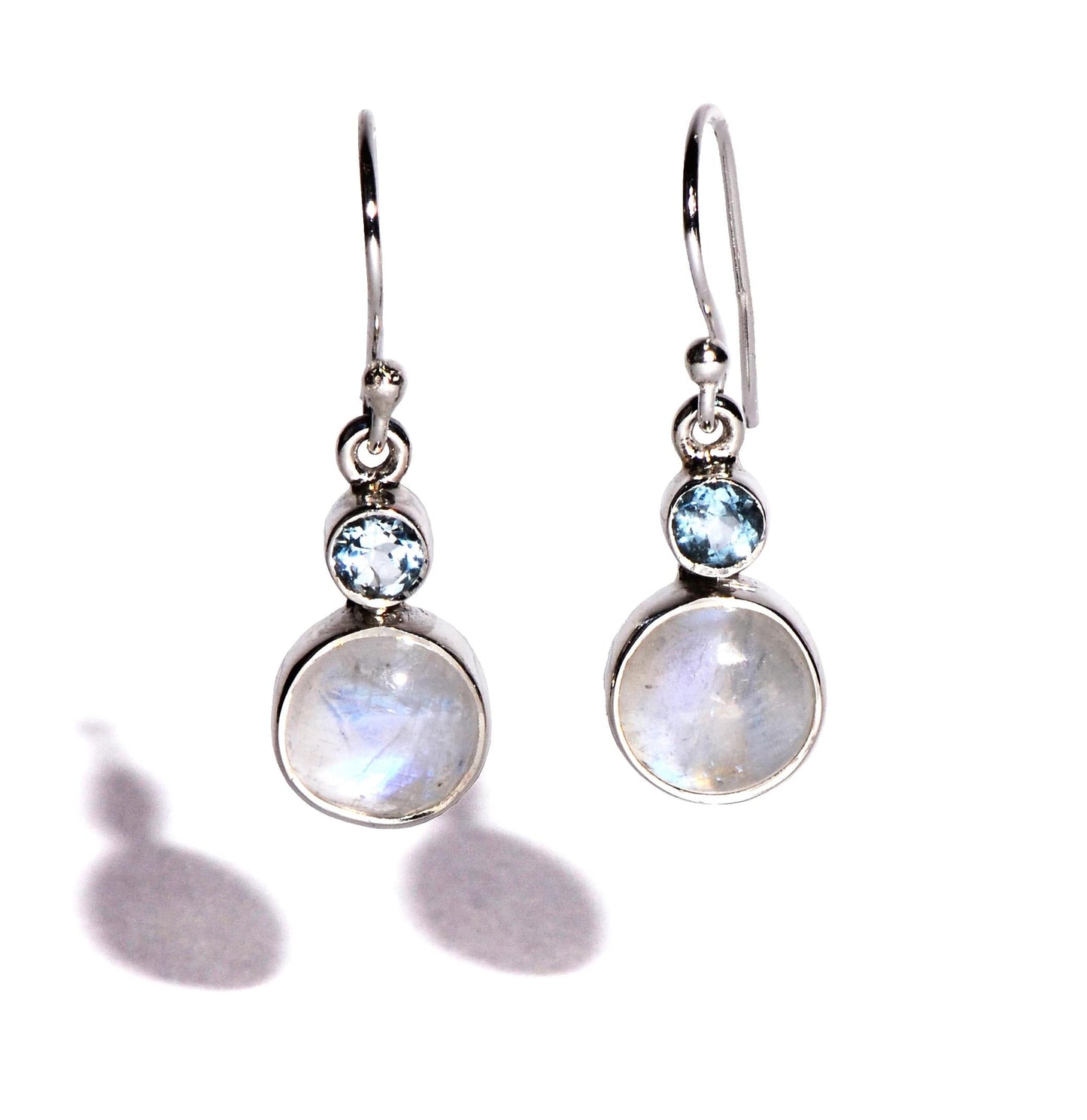 Rainbow Moonstone with Blue Faceted Topaz Sterling Silver Earrings