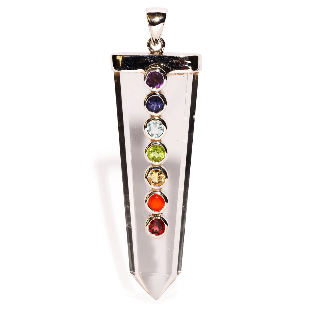 7 Chakra on Clear Quartz Sterling Silver Pendant Point