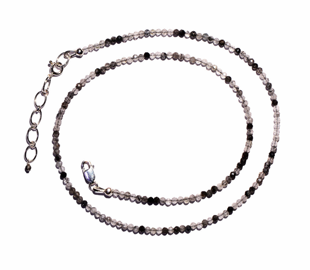 Tourmalinated Quartz Faceted Microbead Necklace