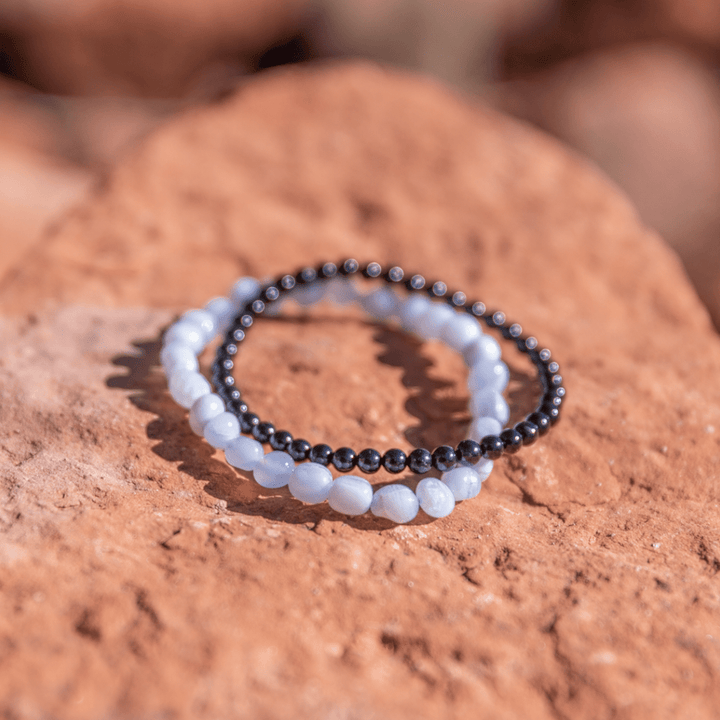 Black Tourmaline Beaded Bracelet - Blue Lace Agate Beaded Bracelet