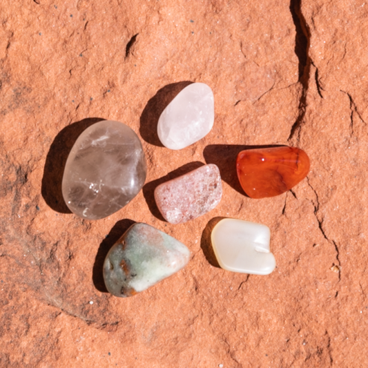 Stones for Fertility Bundle: Carnelian, Chrysoprase, Pink Aventurine, Rainbow Moonstone, Rose Quartz and Smoky Quartz Tumbled Stones - Polished