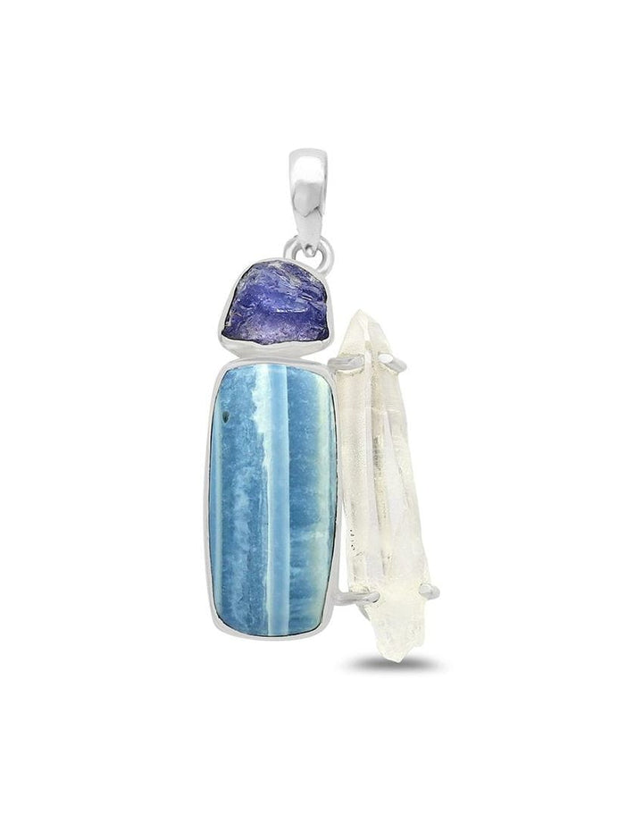Blue Opal with Clear Quartz Point and Rough Tanzanite Sterling Silver Pendant