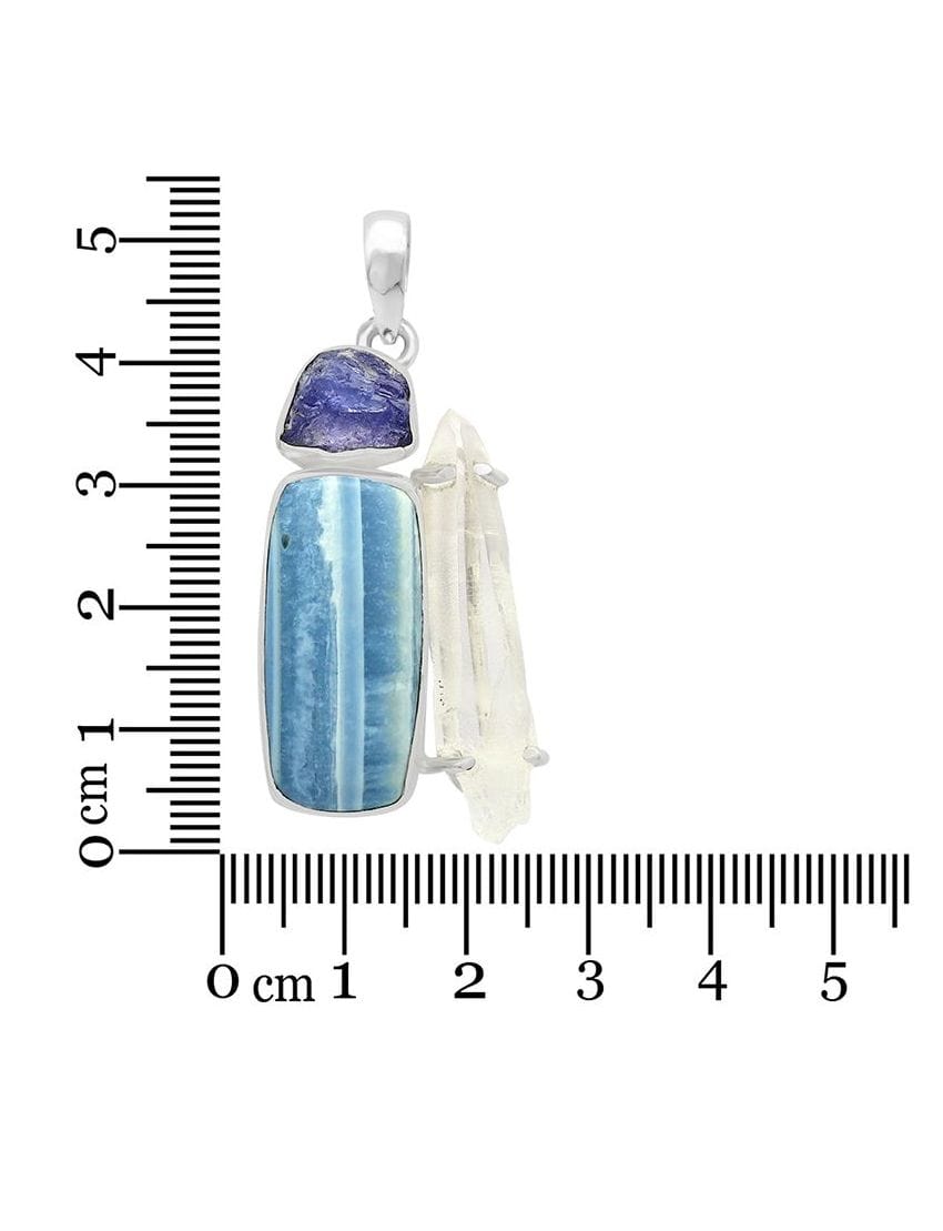 Blue Opal with Clear Quartz Point and Rough Tanzanite Sterling Silver Pendant
