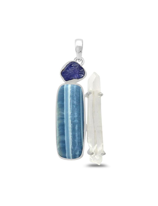 Blue Opal with Clear Quartz and Raw Tanzanite Sterling Silver Pendant