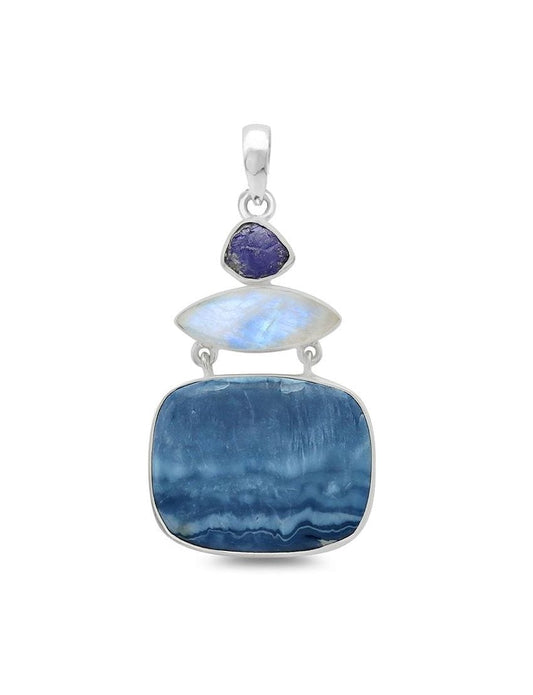 Blue Opal with Rainbow Moonstone and Rough Tanzanite Sterling Silver Pendant