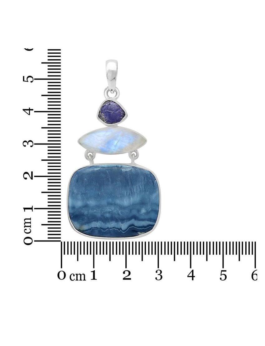 Blue Opal with Rainbow Moonstone and Rough Tanzanite Sterling Silver Pendant