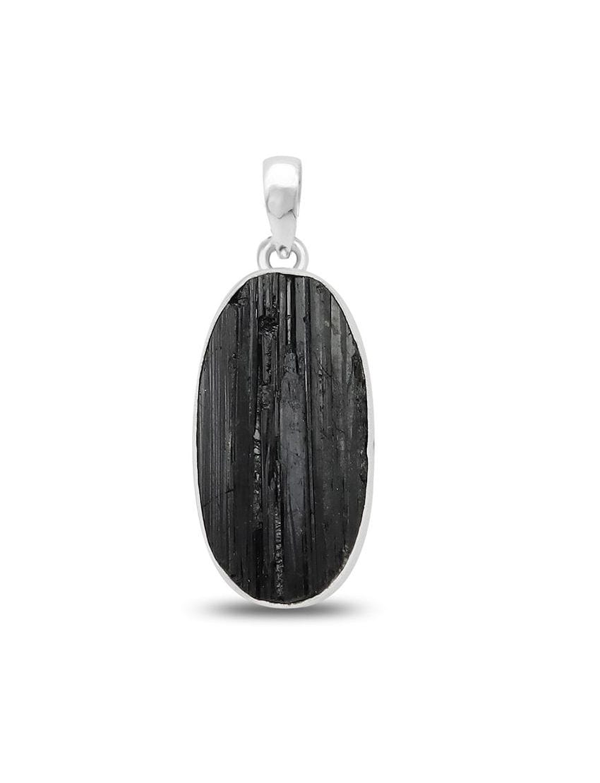 Raw Black Tourmaline Sterling Silver Pendant - Oval