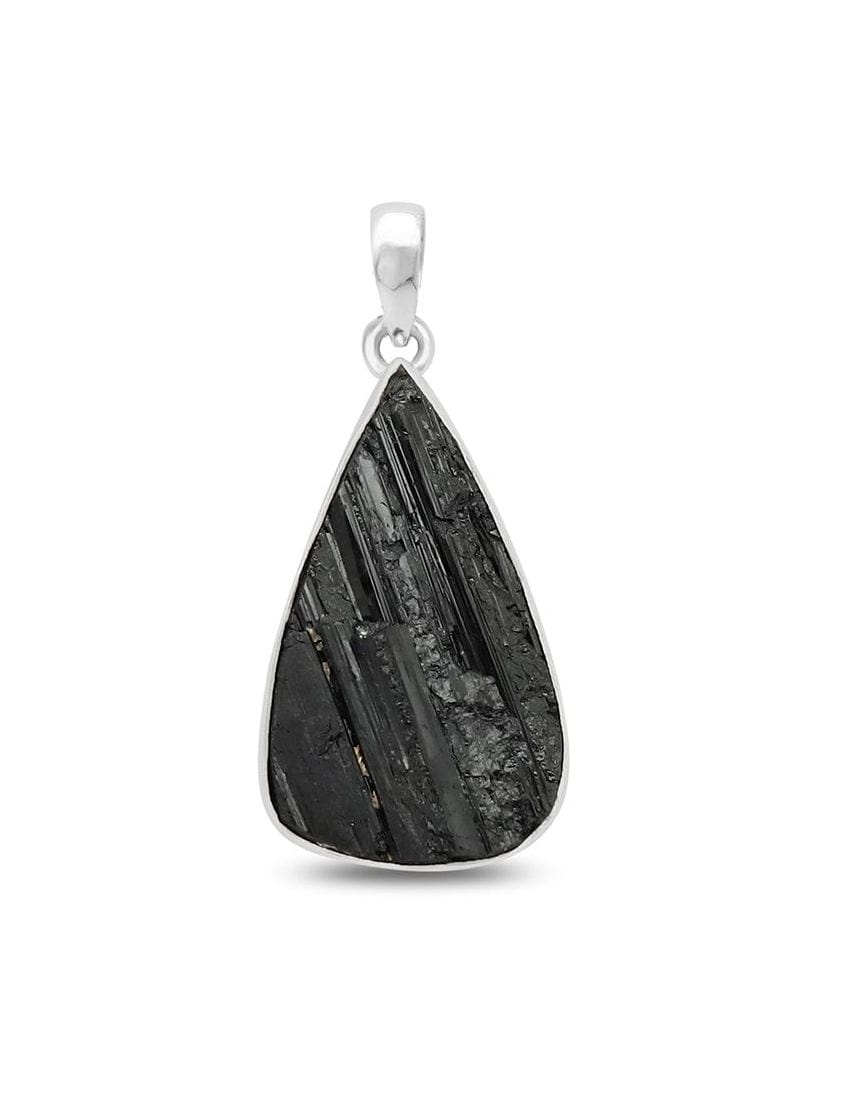 Raw Black Tourmaline Sterling Silver Pendant - Teardrop Shape