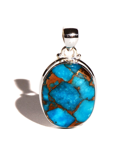 Blue Copper Turquoise Sterling Silver Pendant - Oval