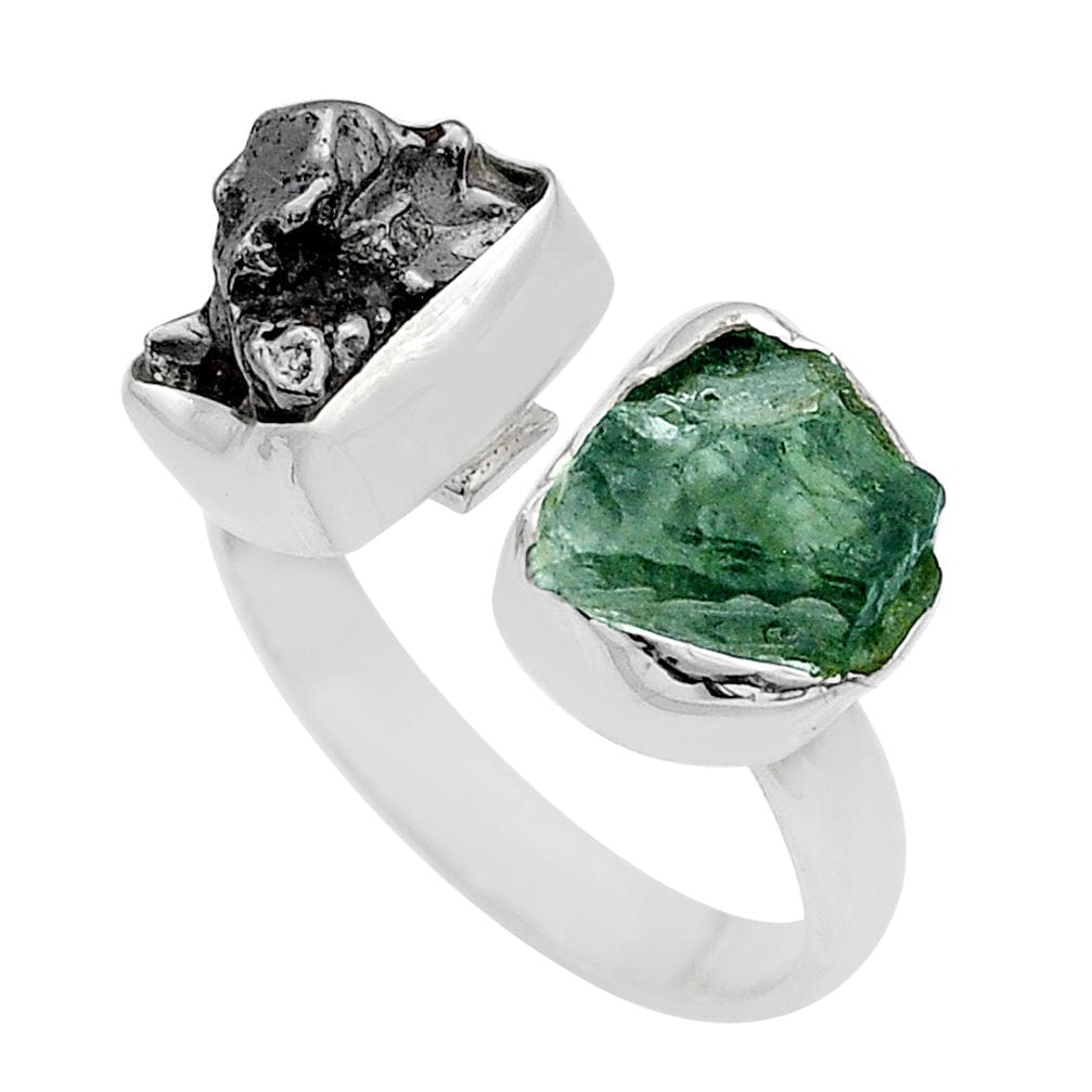 Moldavite with Meteorite Rough Sterling Silver Ring Size 7.5