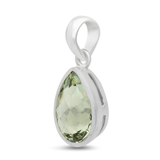 Green Amethyst (Prasiolite) Sterling Silver Pendant - Faceted Teardrop Crystal