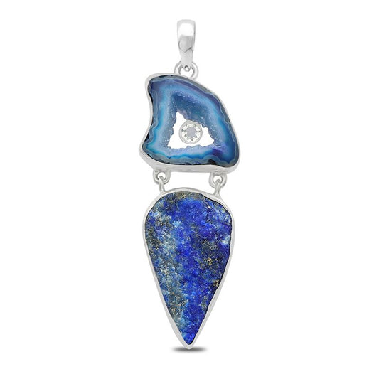 Lapis Lazuli Rough with Agate Sterling Silver Pendant