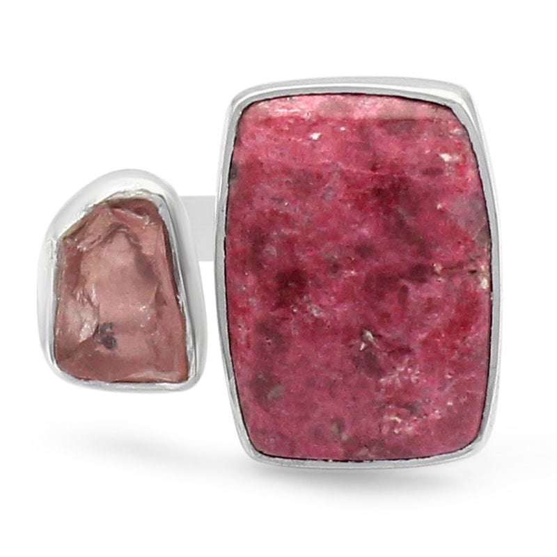 Pink Thulite with Rose Quartz Adjustable Sterling Silver Ring - Rough Crystals