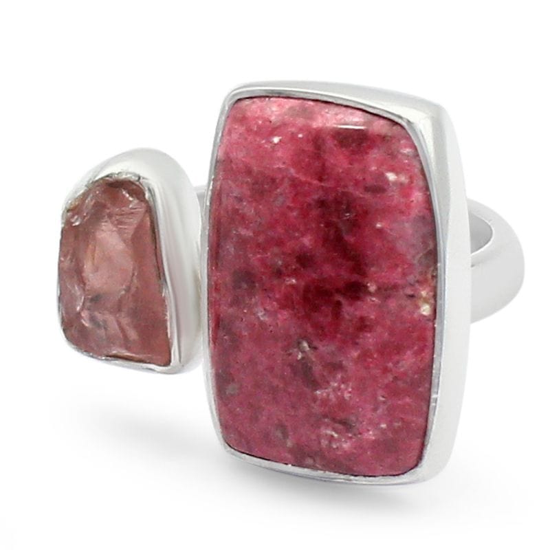 Pink Thulite with Rose Quartz Adjustable Sterling Silver Ring - Rough Crystals
