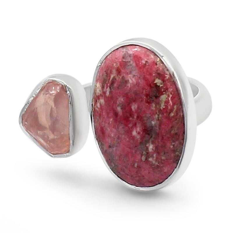 Pink Thulite with Rose Quartz Adjustable Sterling Silver Ring - Rough Crystals