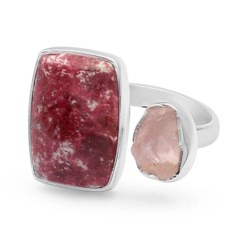 Pink Thulite With Rose Quartz Adjustable Sterling Silver Ring