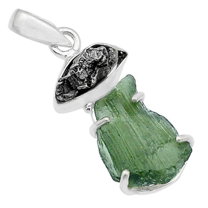 Moldavite and Meteorite Rough Sterling Silver Pendant