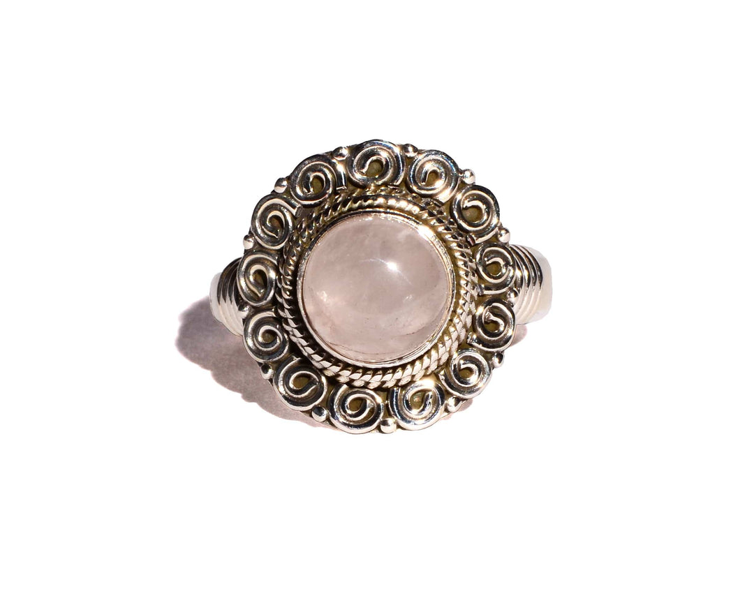 Rose Quartz Sterling Silver Ring - Round Crystal