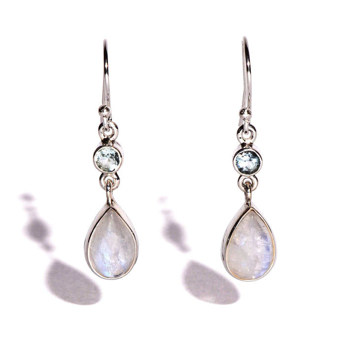 Rainbow Moonstone with Blue Faceted Topaz Sterling Silver Earrings