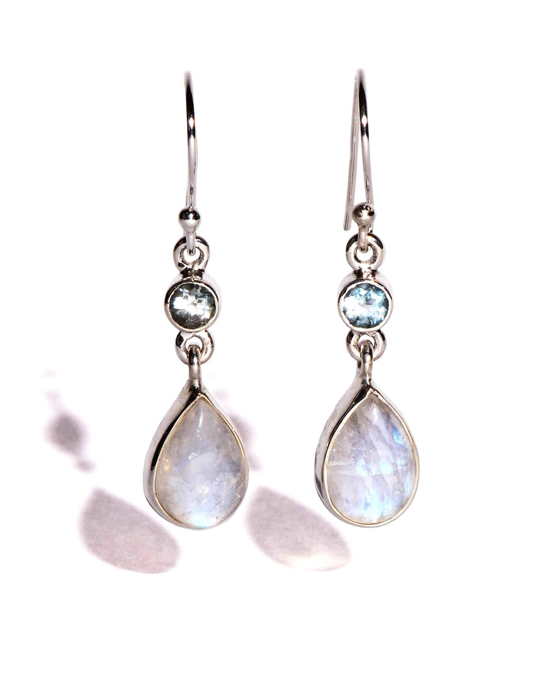 Rainbow Moonstone with Blue Faceted Topaz Sterling Silver Earrings