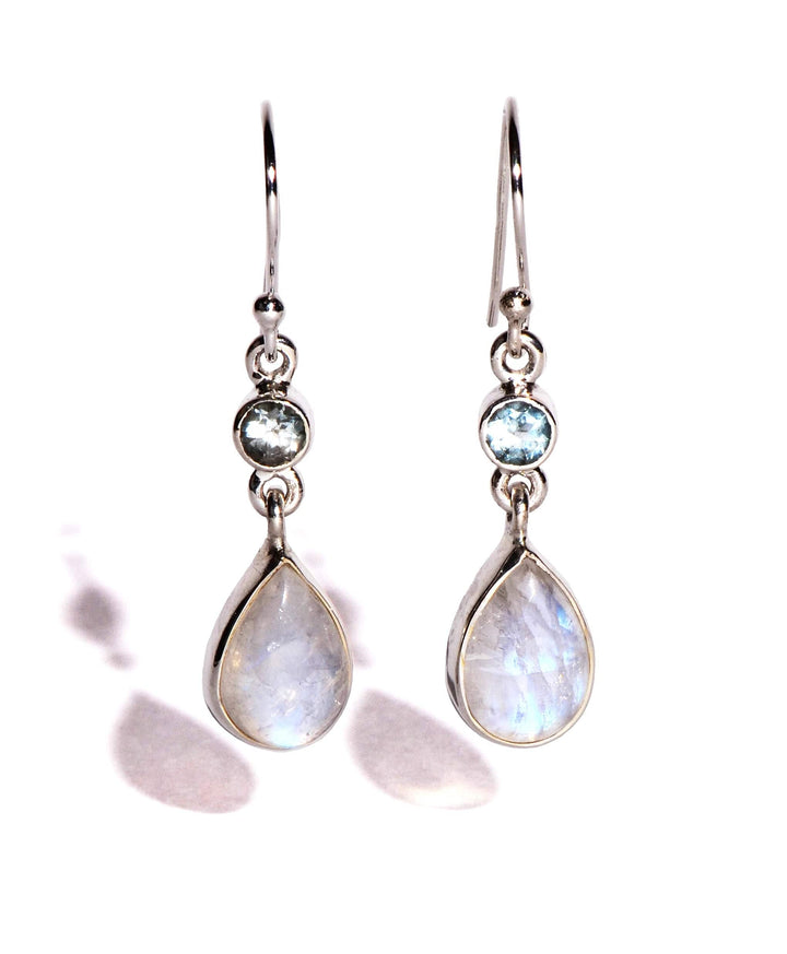 Rainbow Moonstone with Blue Faceted Topaz Sterling Silver Earrings