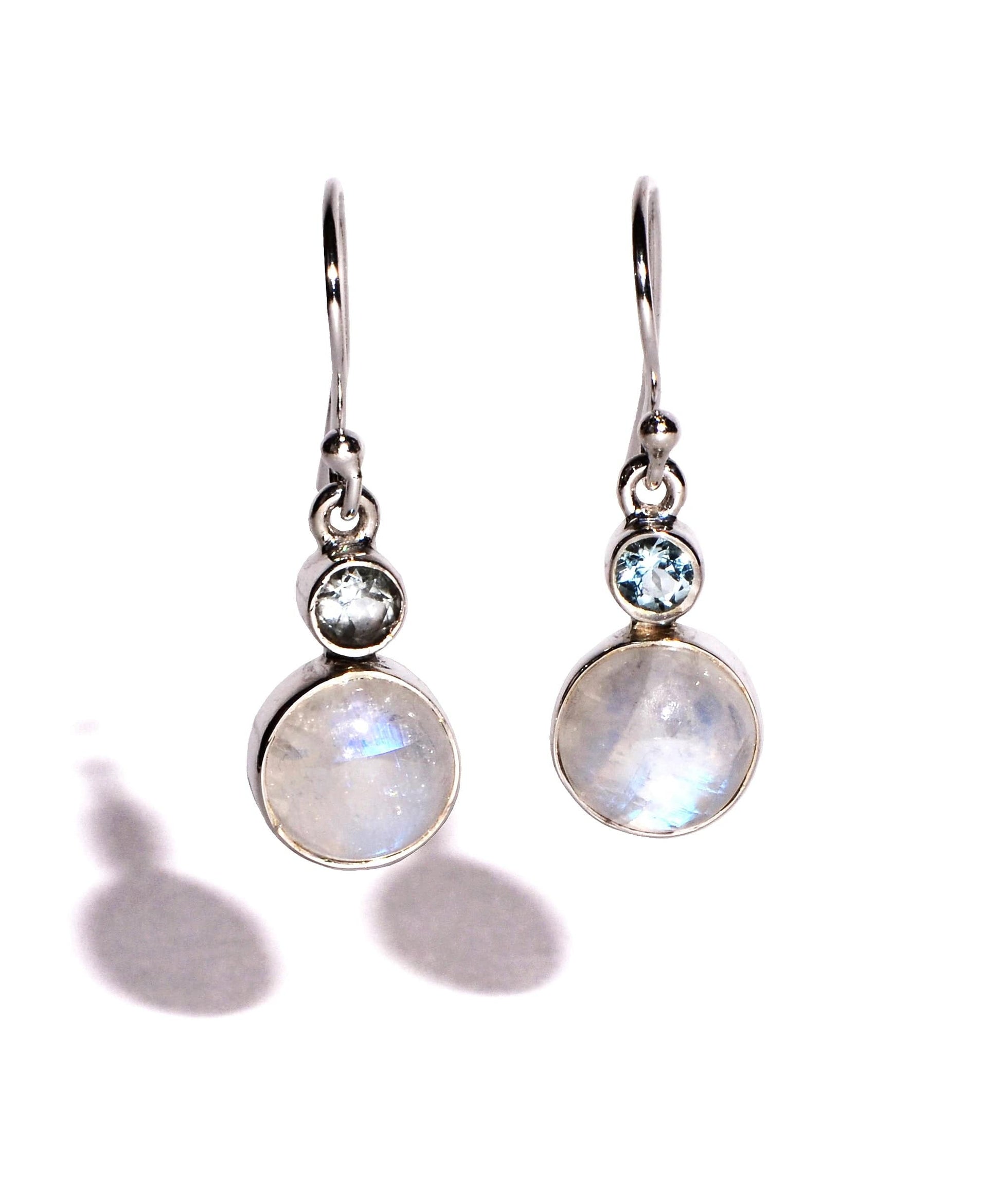 Rainbow Moonstone with Blue Faceted Topaz Sterling Silver Earrings