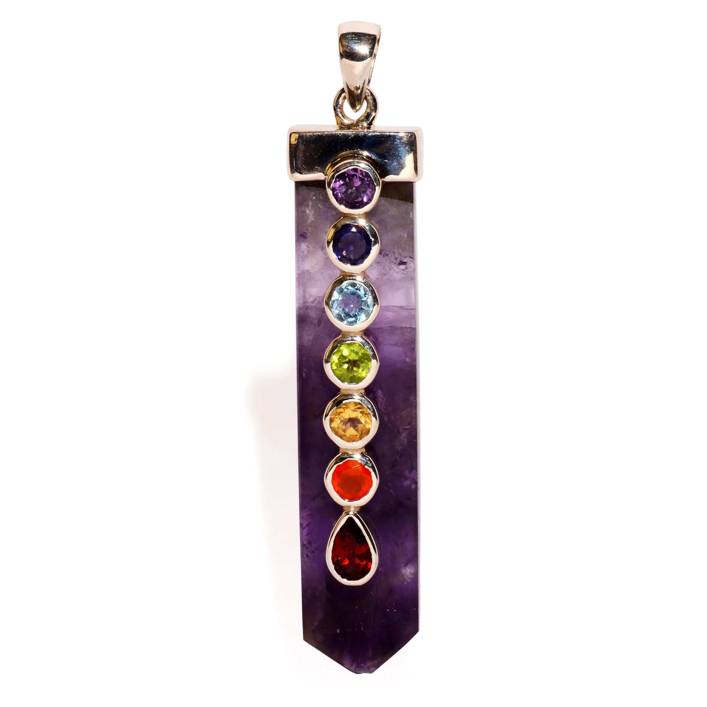 7 Chakra on Amethyst Sterling Silver Pendant Point