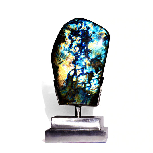 Labradorite Crystal Large Form - Polished - on Custom Revolving Metal Stand - View 1