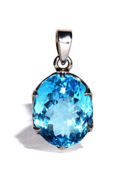 Blue Topaz Sterling Silver Pendant - Faceted Crystal