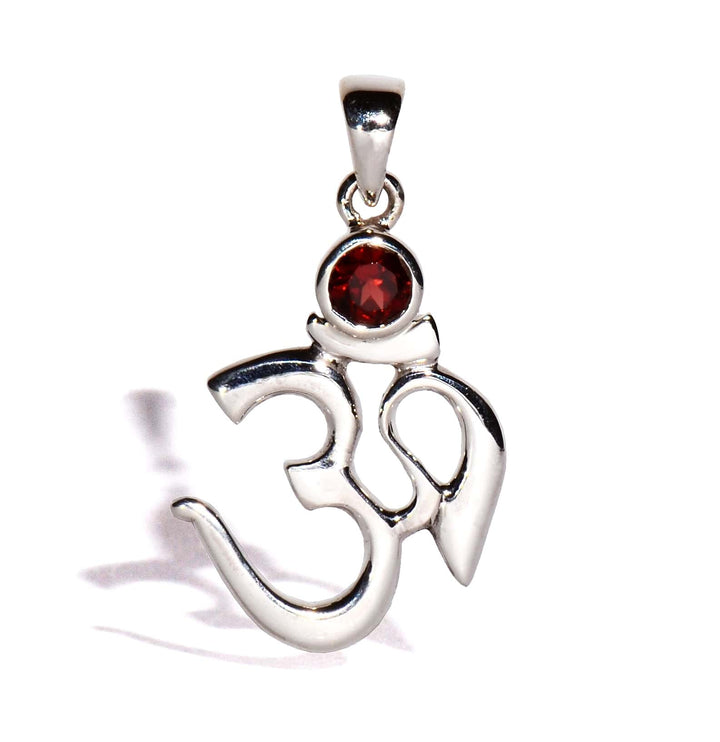 Garnet OM Sterling Silver Pendant - Faceted Crystal