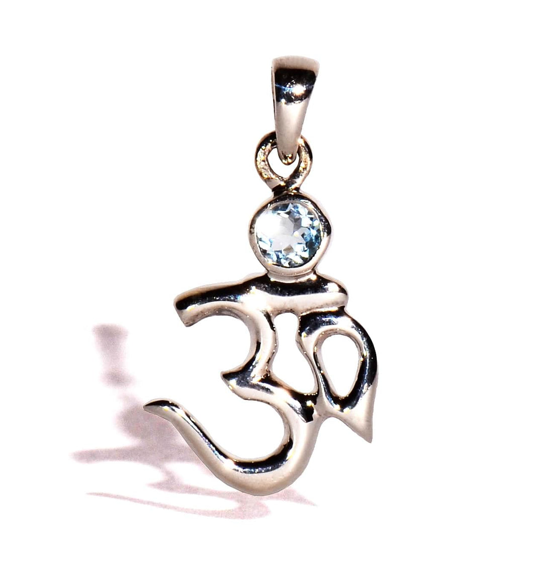 Blue Topaz OM Sterling Silver Pendant - Faceted Crystal