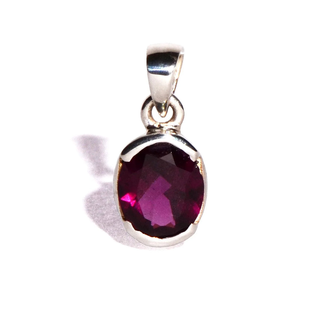 Garnet Sterling Silver Pendant - Oval Faceted Crystal
