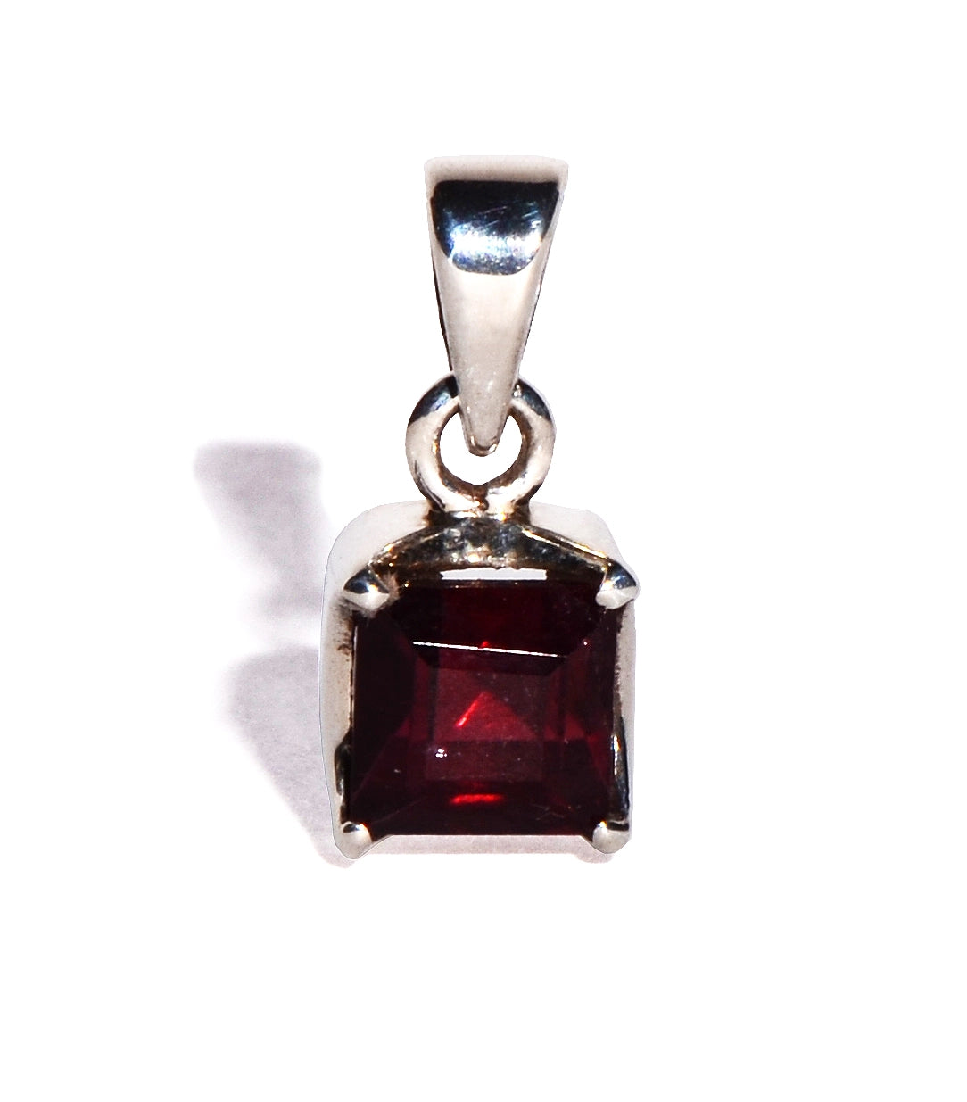 Red Tourmaline Sterling Silver Pendant - Faceted Square Crystal