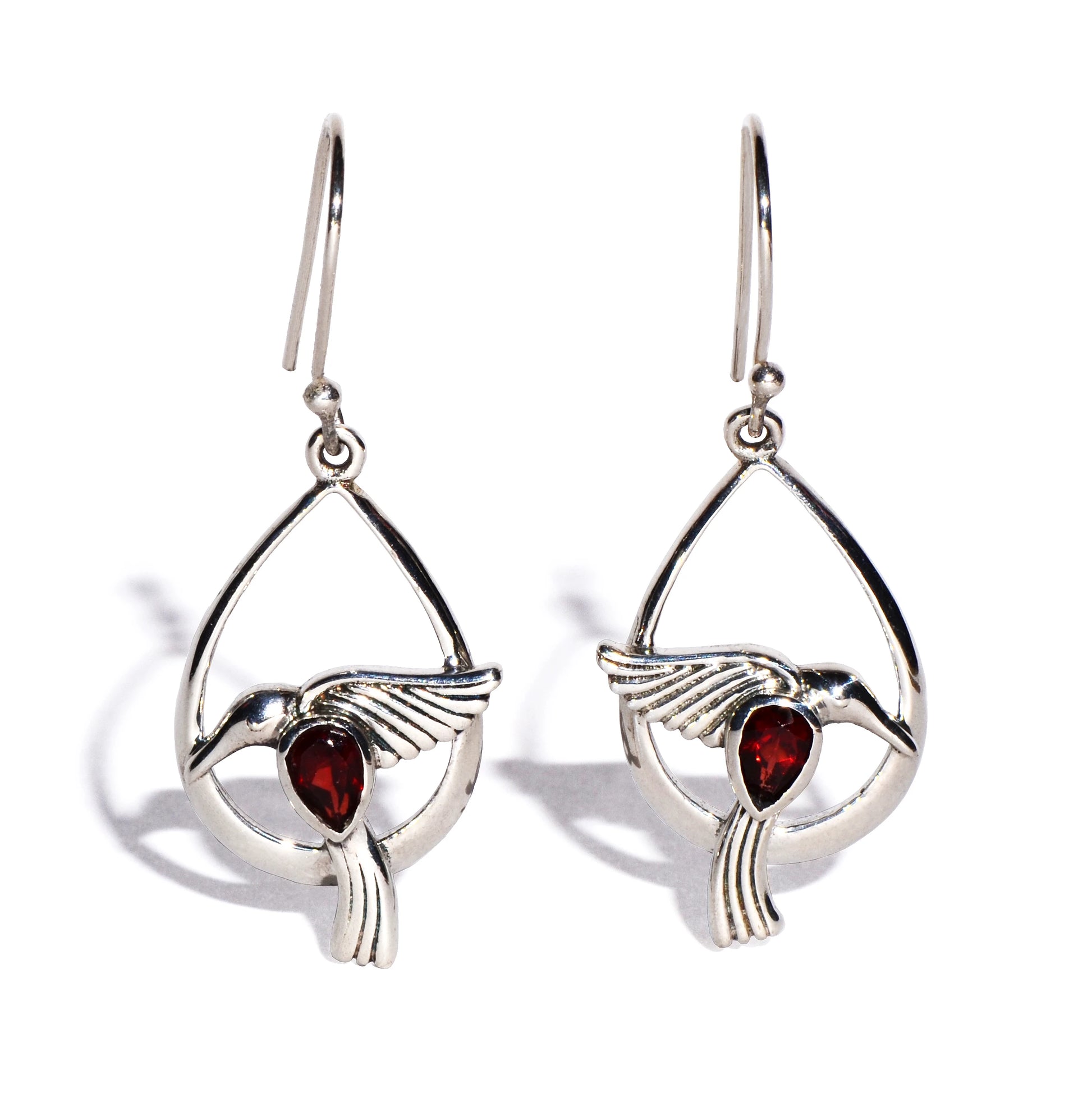Garnet Hummingbird Sterling Silver Earrings - Faceted Crystal