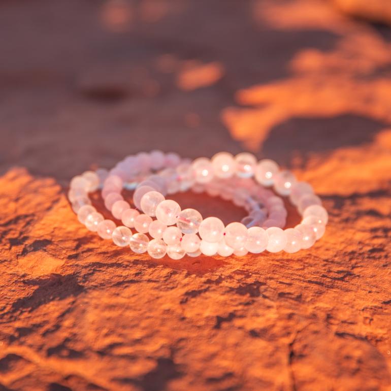 healing crystals: rose quartz bracelet in sedona, arizona used for energy healing