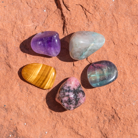 Stones for Focus: Amethyst, Chrysocolla, Fluorite, Rhodonite and Tiger Eye Tumbled Stones - Polished