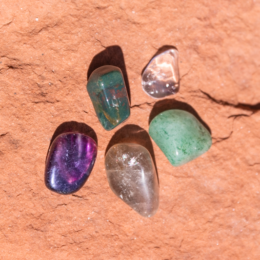 Stones for Health Bundle: Fluorite, Green Aventurine, Clear Quartz, Smoky Quartz and Bloodstone Tumbled Stones - Polished