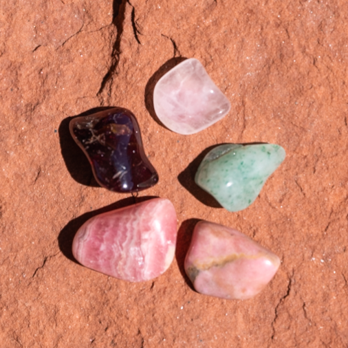 Stones for Love Bundle: Rose Quartz, Garnet, Rhodochrosite, Rhodonite and Green Aventurine Tumbled Stone - Polished
