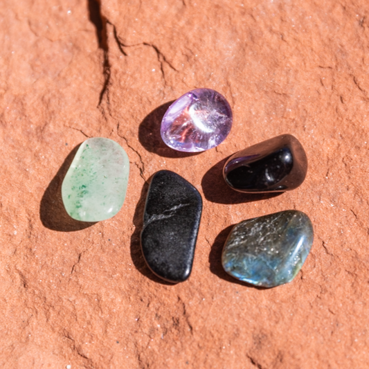 Stones for Protection Bundle: Black Tourmaline, Amethyst, Labradorite, Green Aventurine and Obsidian Tumbled Stones - Polished