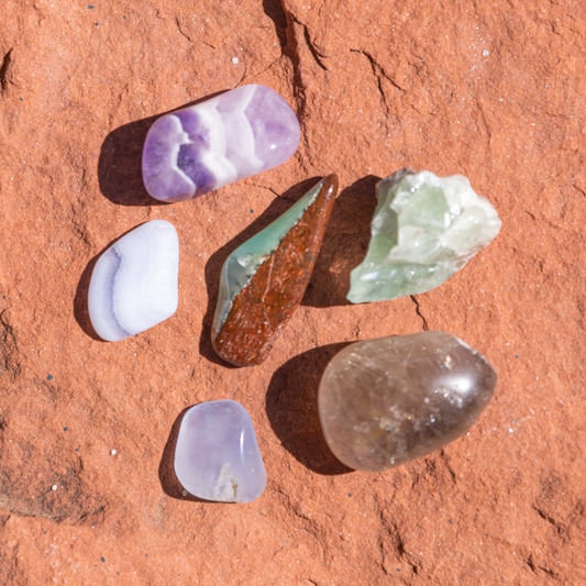 Stones for Stress Relief Bundle: Smoky Quartz, Blue Lace Agate, Blue Jade, Amethyst, Chrysoprase and Green Calcite Tumbled Stones - Polished