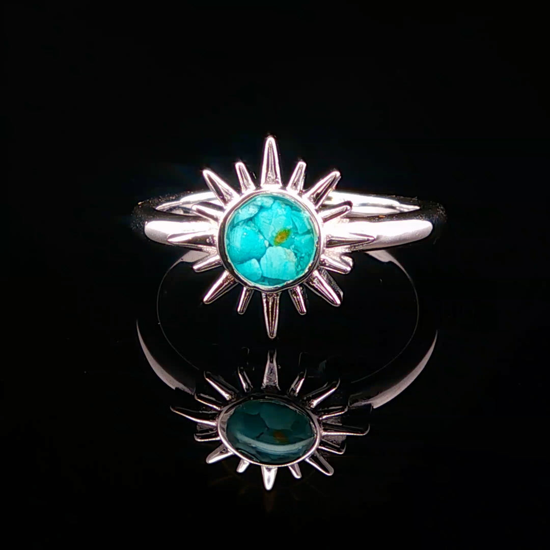 The Vortex Ring Collection: Delicate Sunburst Turquoise Dune Ring Front view