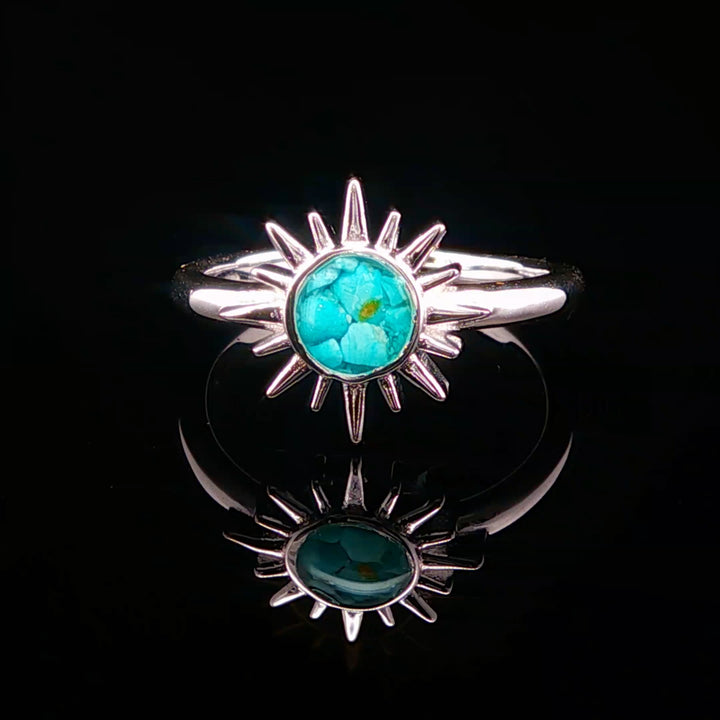 The Vortex Ring Collection: Delicate Sunburst Turquoise Dune Ring Front view