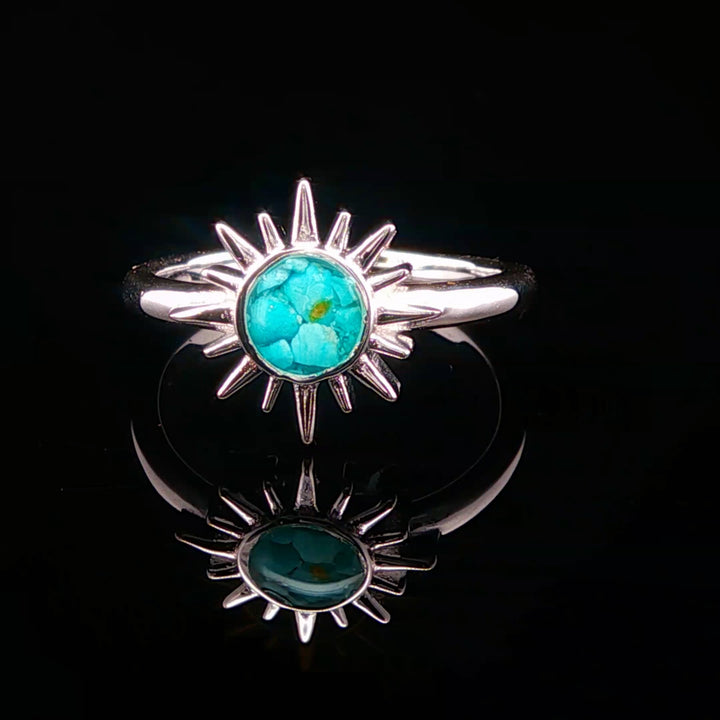 The Vortex Ring Collection: Delicate Sunburst Turquoise Dune Ring front view