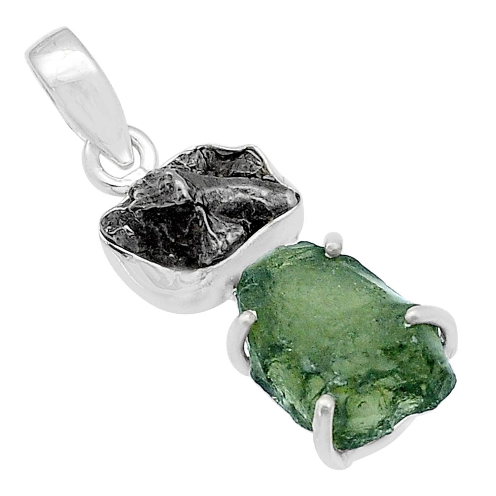 Moldavite and Meteorite Rough Sterling Silver Pendant