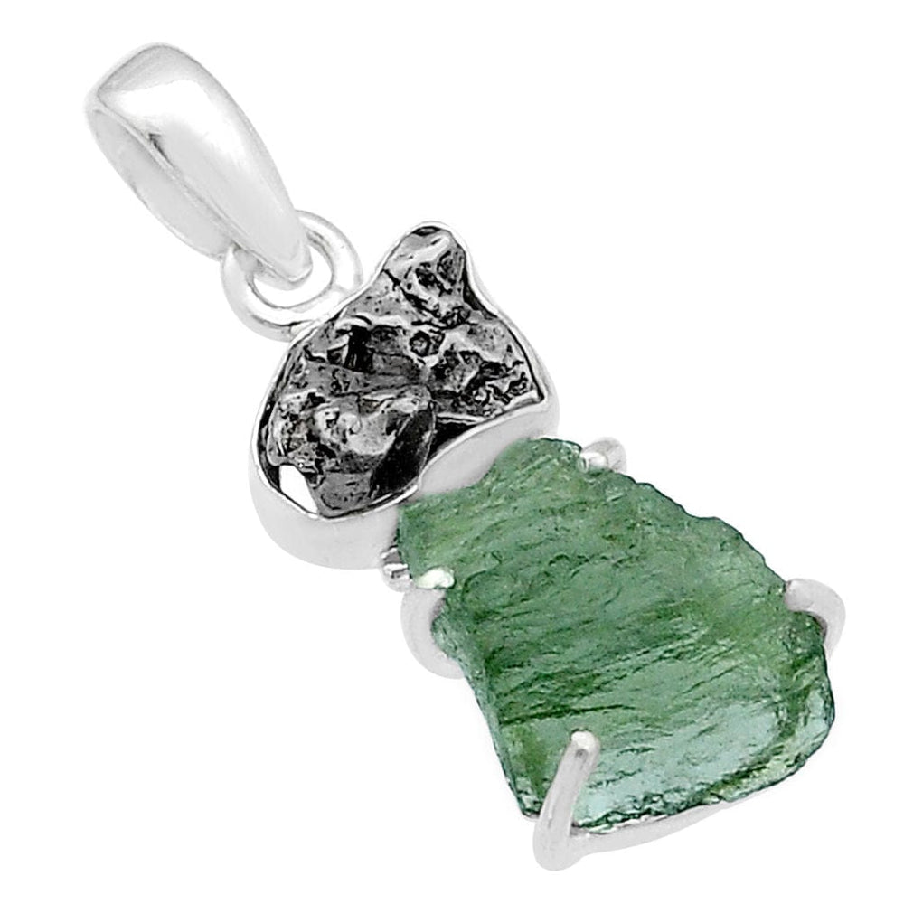 Moldavite and Meteorite Rough Sterling Silver Pendant