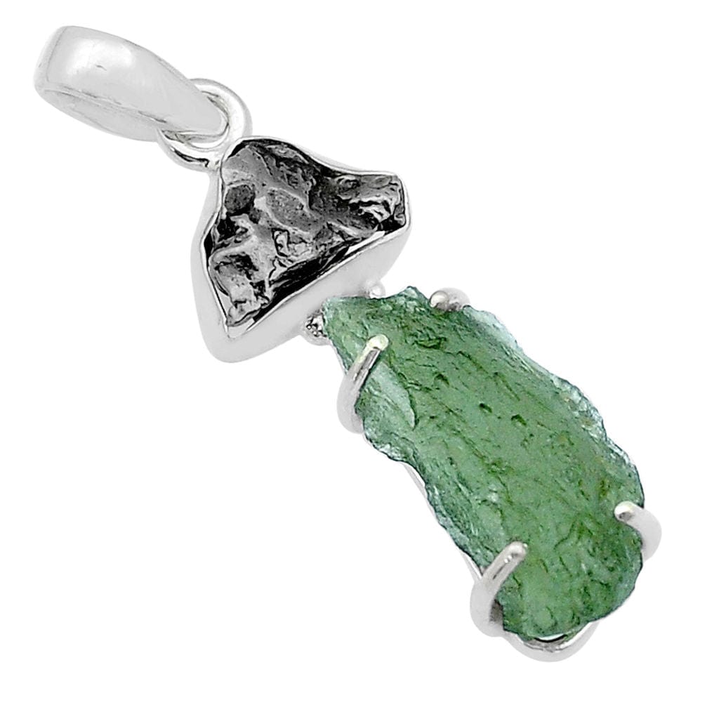Moldavite and Meteorite Rough Sterling Silver Pendant