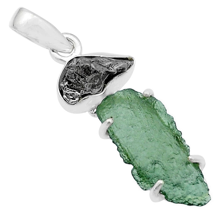 Moldavite and Meteorite Rough Sterling Silver Pendant