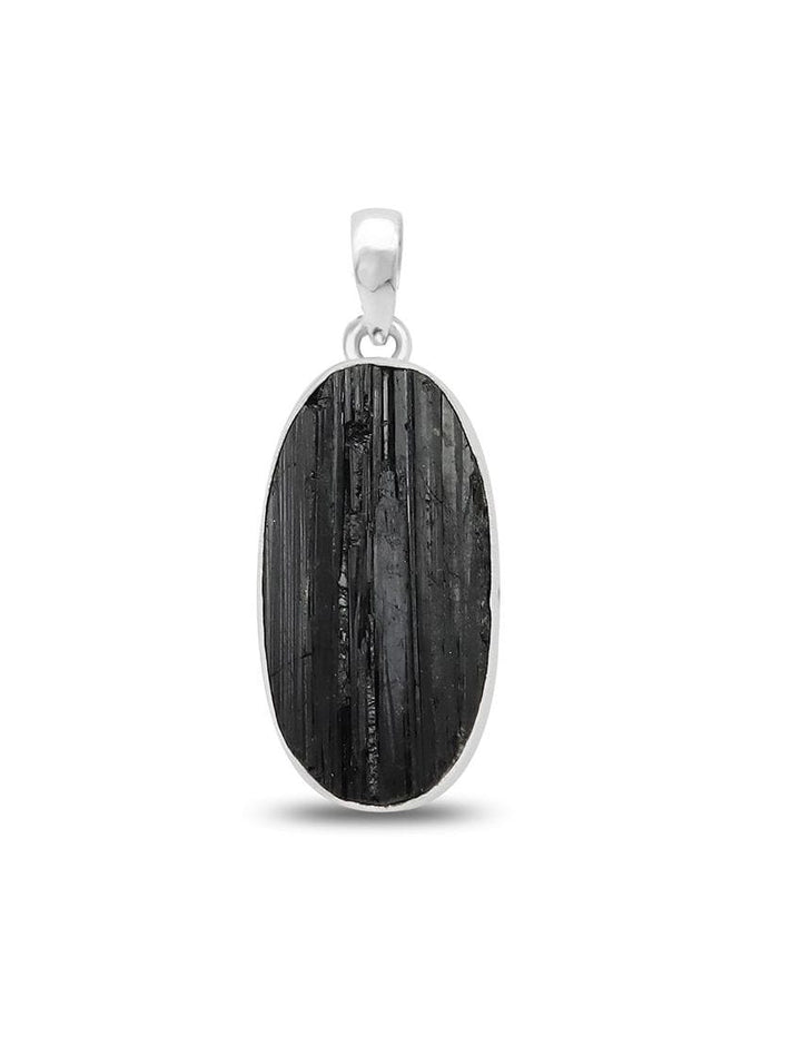 Raw Black Tourmaline Sterling Silver Pendant - Oval