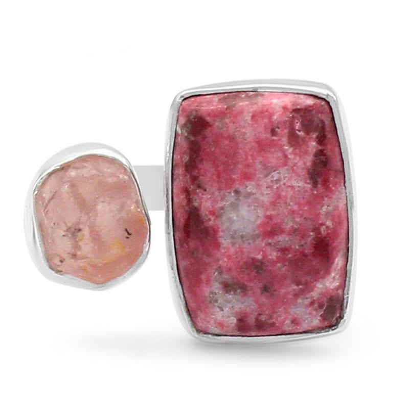 Pink Thulite with Rose Quartz Adjustable Sterling Silver Ring - Rough Crystals
